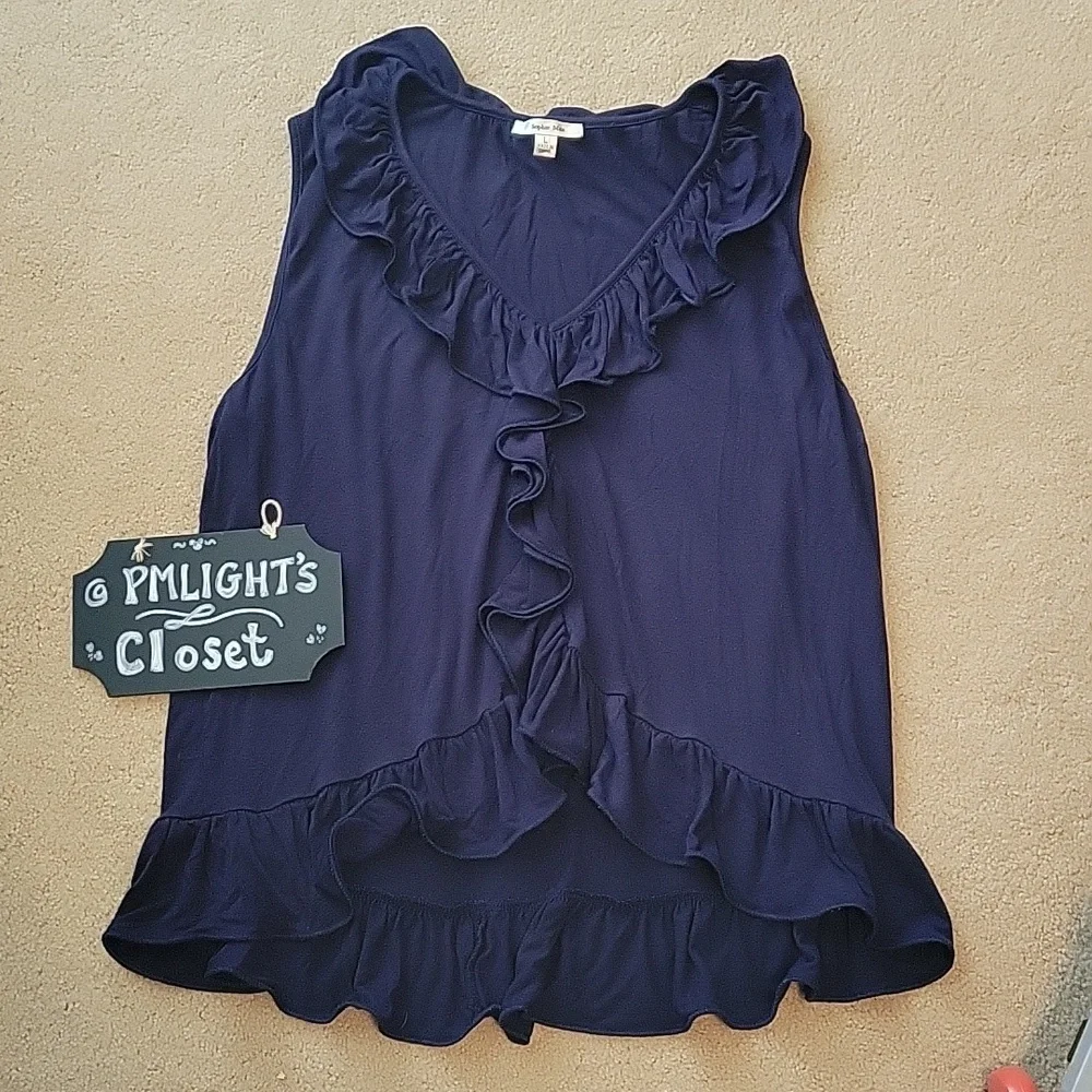 Sophie Max Ruffled Blouse Large Navy Sleeveless